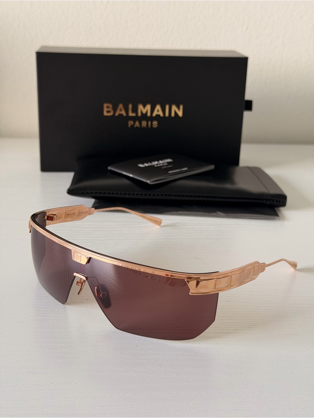 New Balmain MAJOR BPS 147C Rose Gold Shield Sunglasses with Brown Lenses